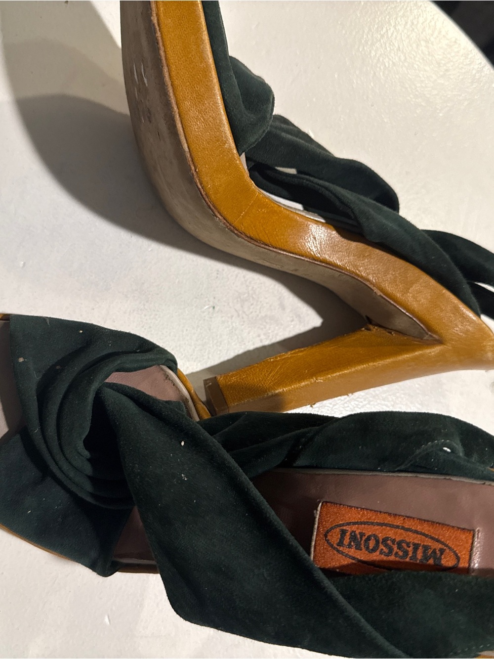 Missoni Forest Green Suede Twist-Strap Heels with Tan Leather Heel